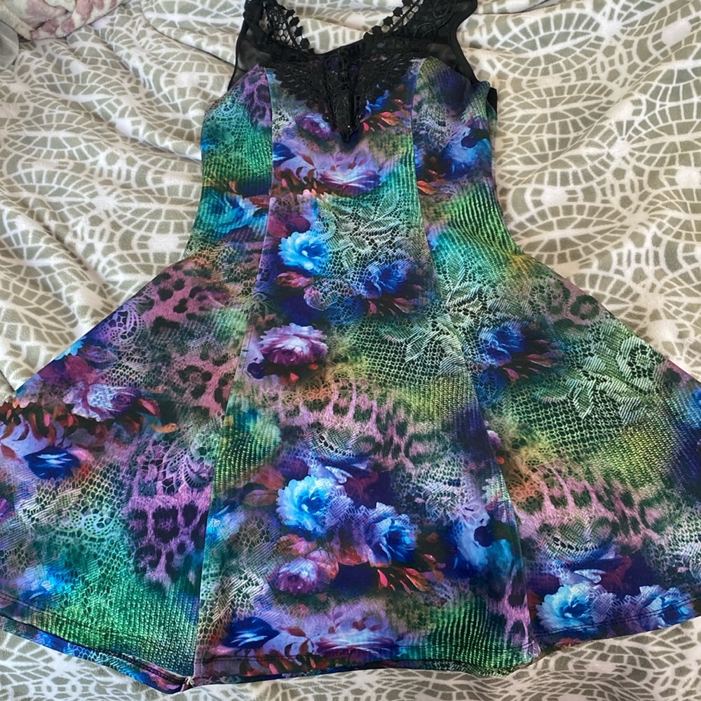 Purple and blue patterned dress with black lace detailing